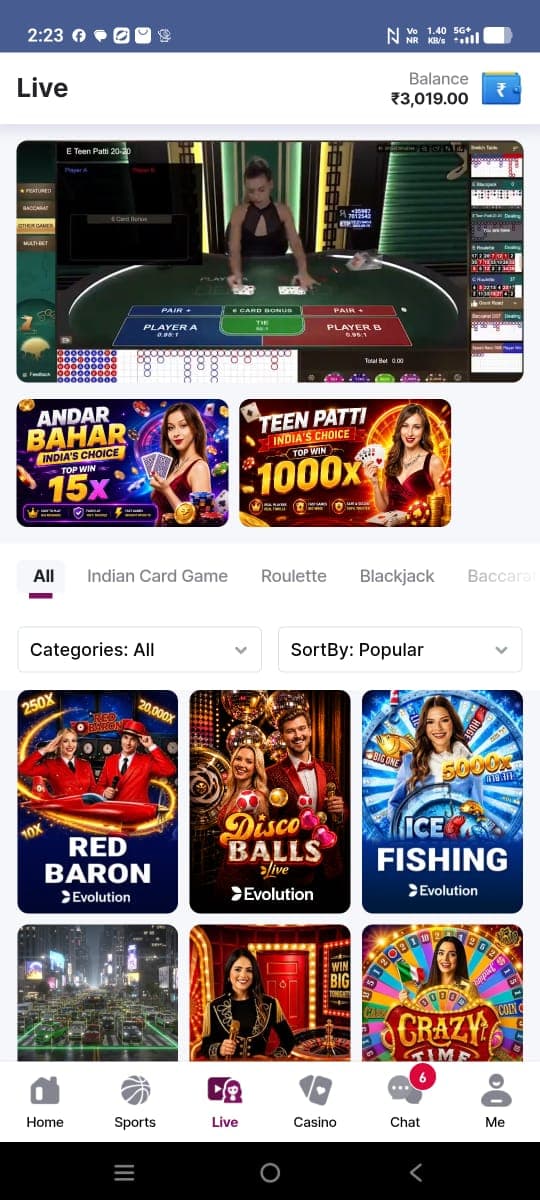 Live casino interface screenshot